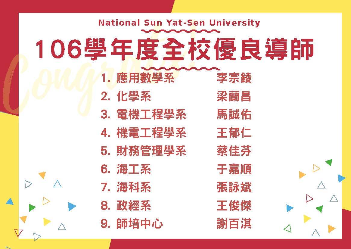恭賀電機系馬誠佑導師及機電系王郁仁導師榮獲106學年度全校優良導師圖片