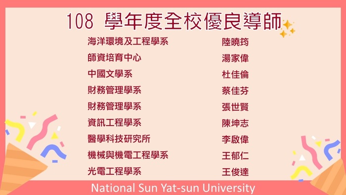 恭賀資工系陳坤志老師、機電系王郁仁老師、光電系王俊達老師榮獲108學年度全校優良導師圖片